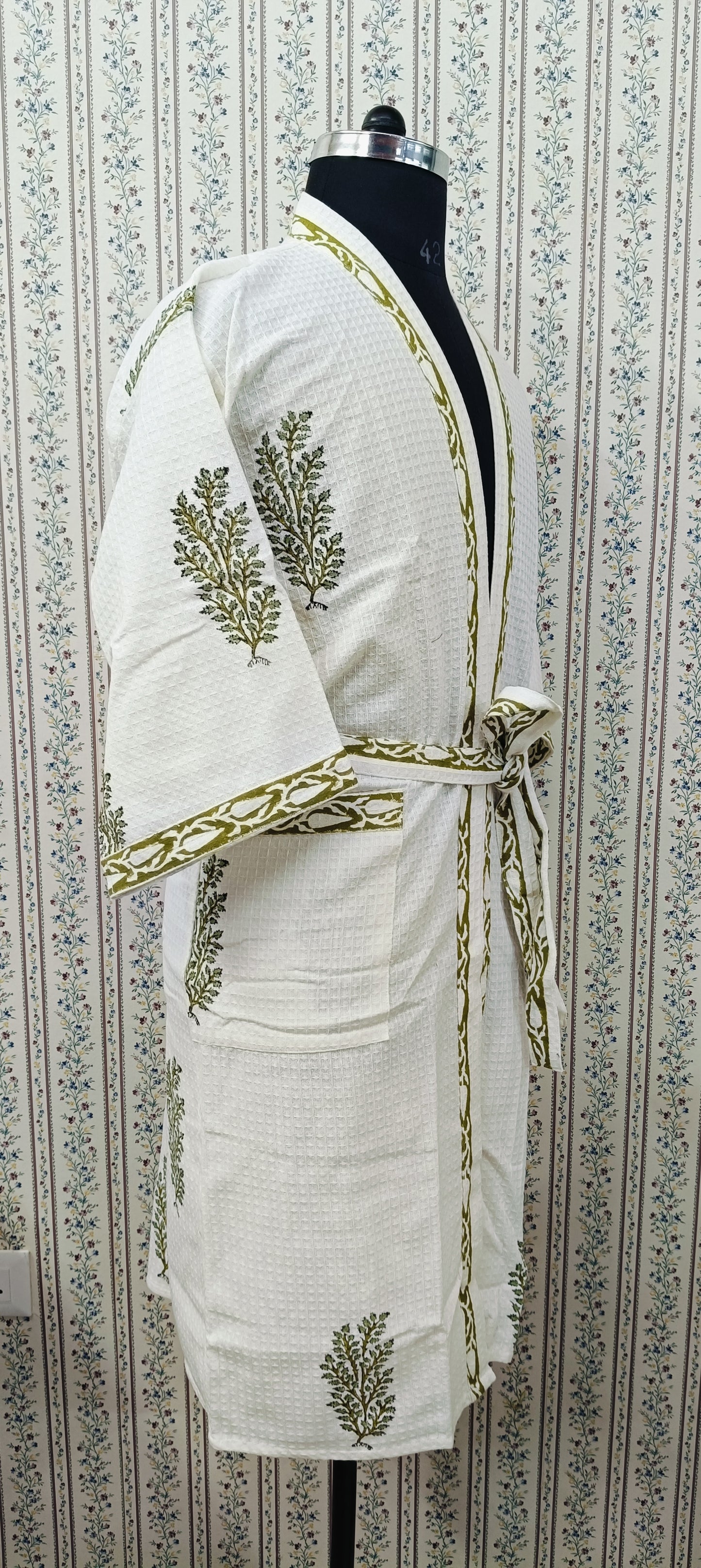 Waffle Cotton Handblock Printed Unisex Bathrobe - Free Size