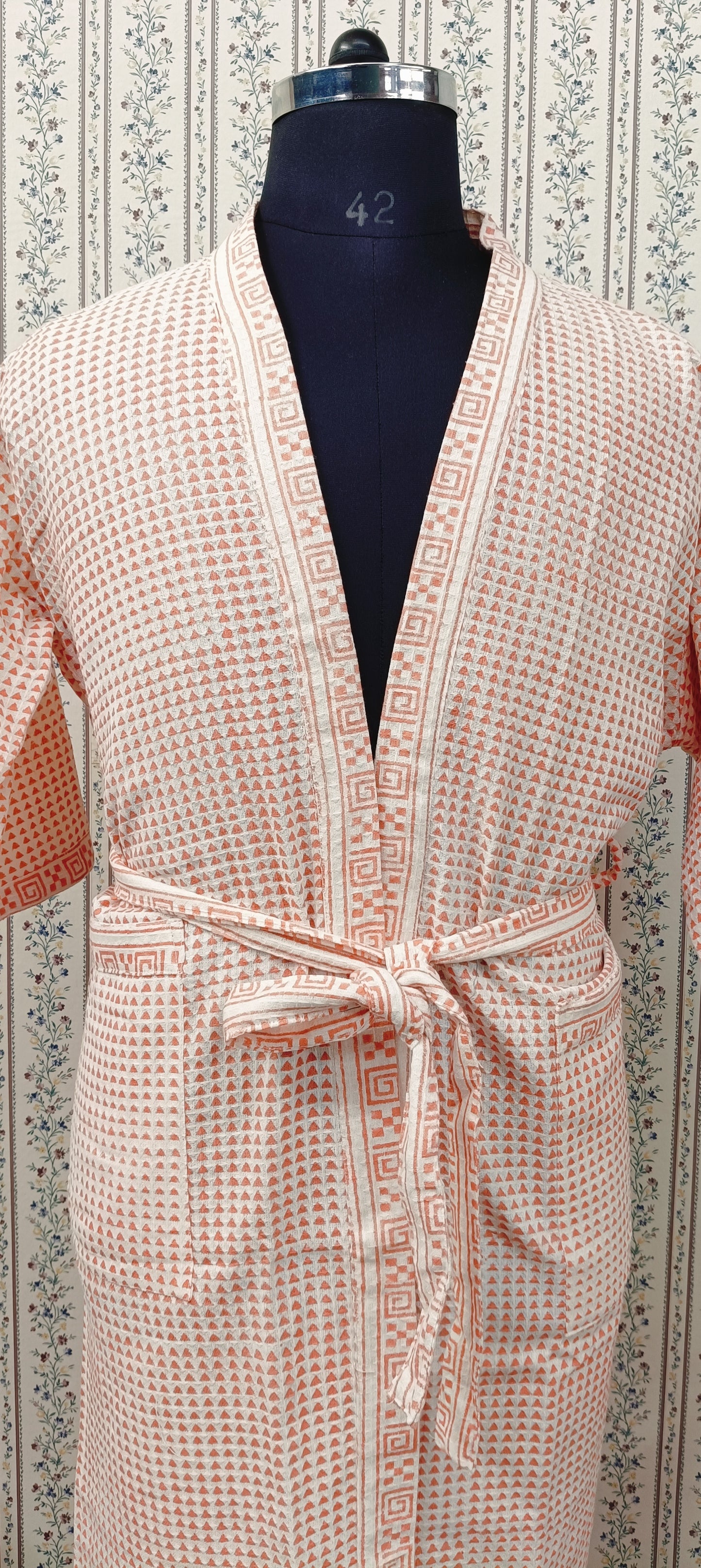 Waffle Cotton Handblock Printed Unisex Bathrobe - Free Size