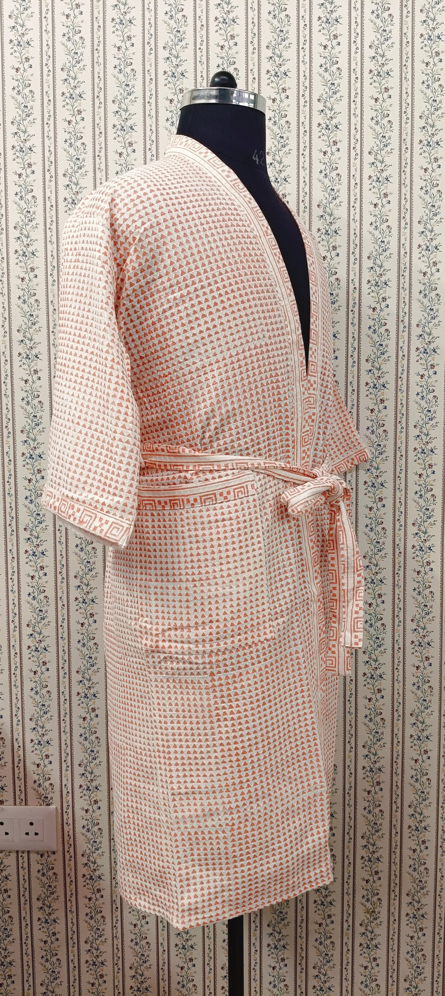 Waffle Cotton Handblock Printed Unisex Bathrobe - Free Size