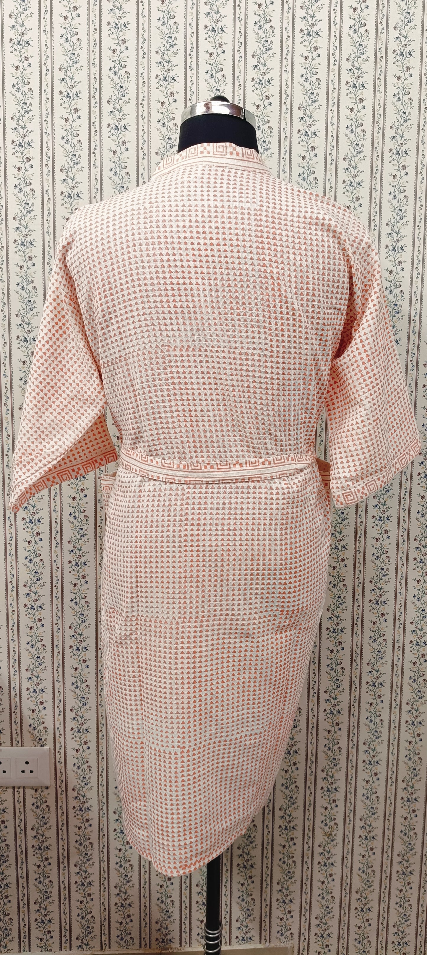 Waffle Cotton Handblock Printed Unisex Bathrobe - Free Size
