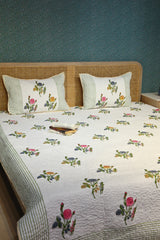 Handblock Printed Reversible Paani Jaal Quilted Bedcover with 2 Pillow Covers