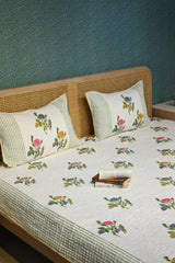 Handblock Printed Reversible Paani Jaal Quilted Bedcover with 2 Pillow Covers
