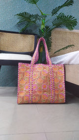 Handblock Printed Quilted Tote Bag without zip/button 17x18x 6 inches
