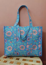 Handblock Printed Quilted Tote Bag without zip/button 17x18x 6 inches