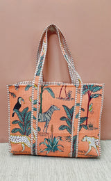 Handblock Printed Quilted Tote Bag without zip/button 17x18x 6 inches