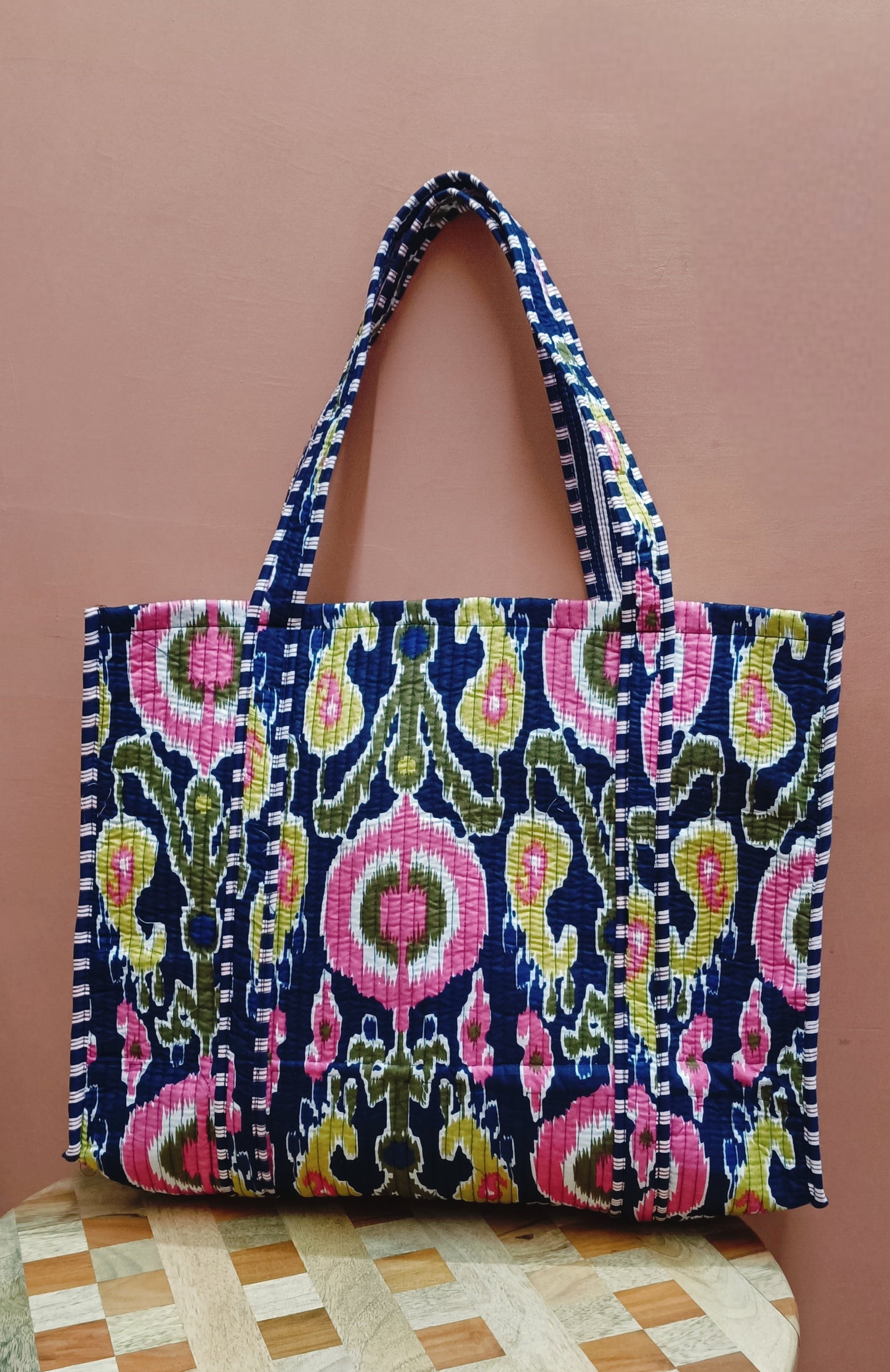 Handblock Printed Quilted Tote Bag without zip/button 17x18x 6 inches