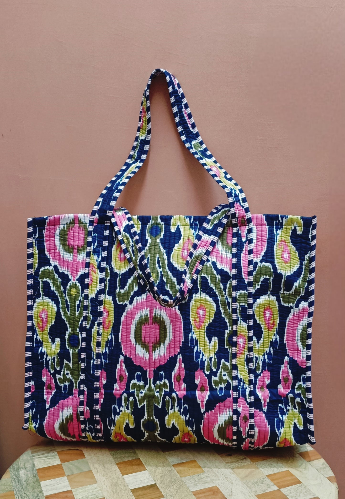 Handblock Printed Quilted Tote Bag without zip/button 17x18x 6 inches