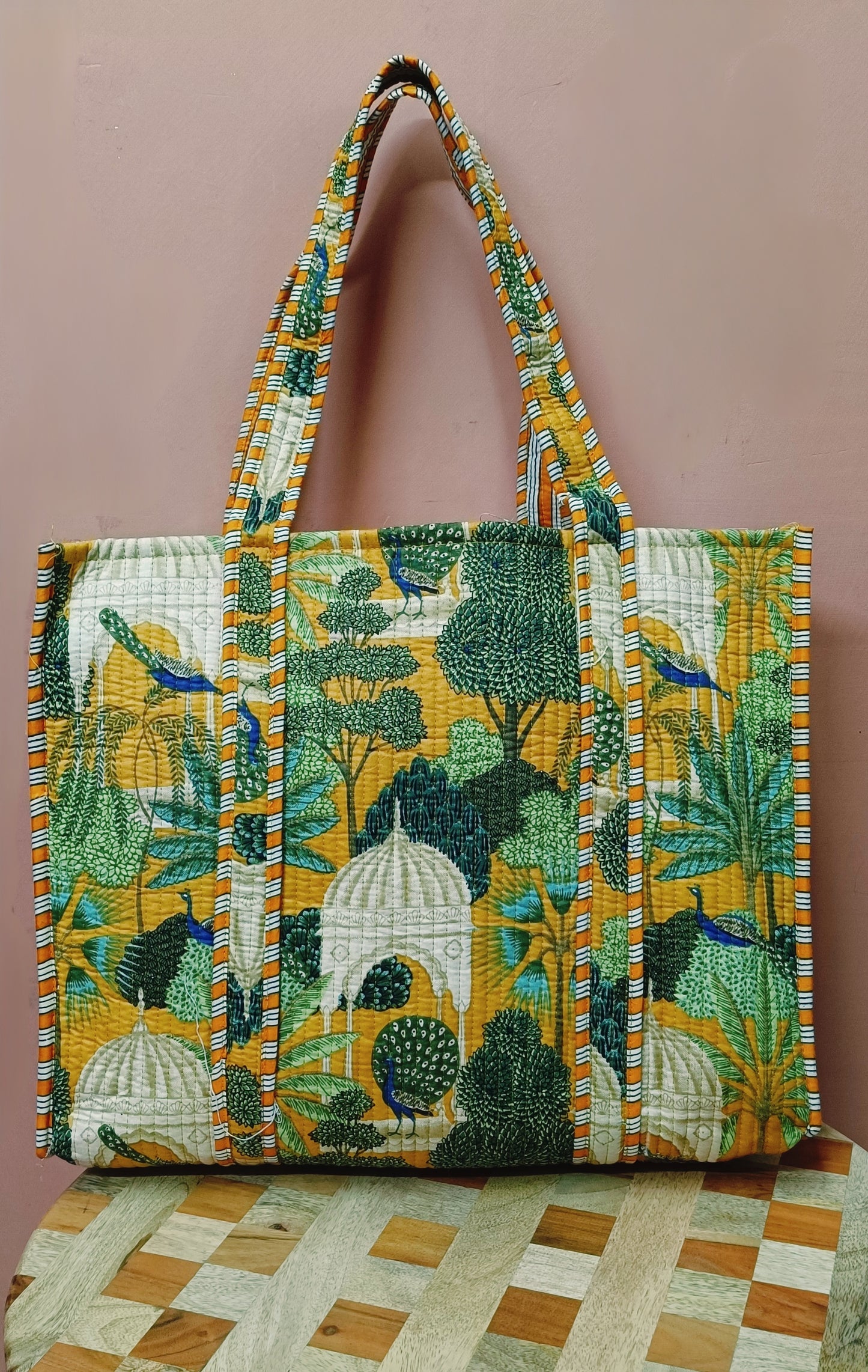 Handblock Printed Quilted Tote Bag without zip/button 17x18x 6 inches