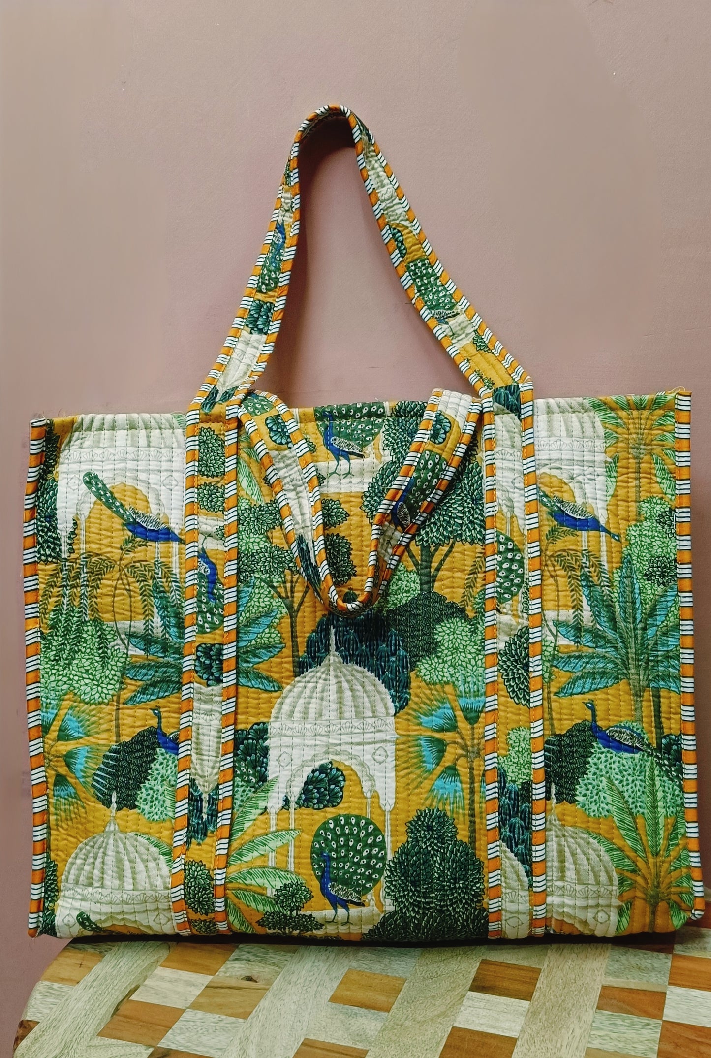 Handblock Printed Quilted Tote Bag without zip/button 17x18x 6 inches