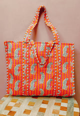 Handblock Printed Quilted Tote Bag without zip/button 17x18x 6 inches