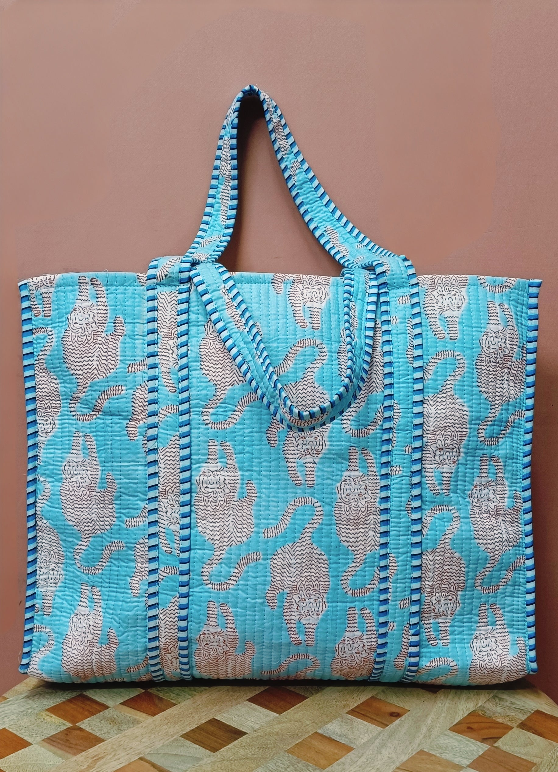 Handblock Printed Quilted Tote Bag without zip/button 17x18x 6 inches