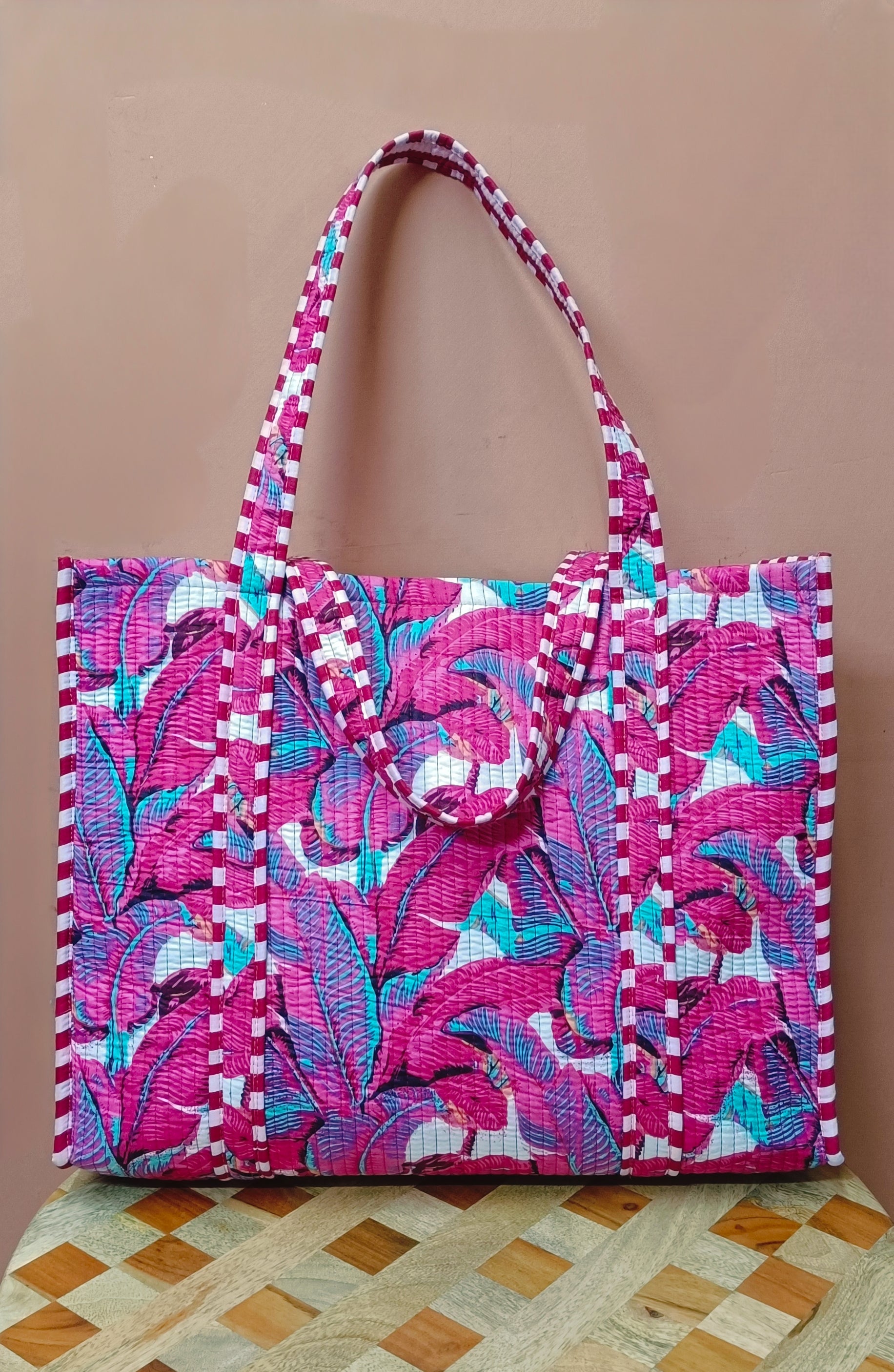 Handblock Printed Quilted Tote Bag without zip/button 17x18x 6 inches