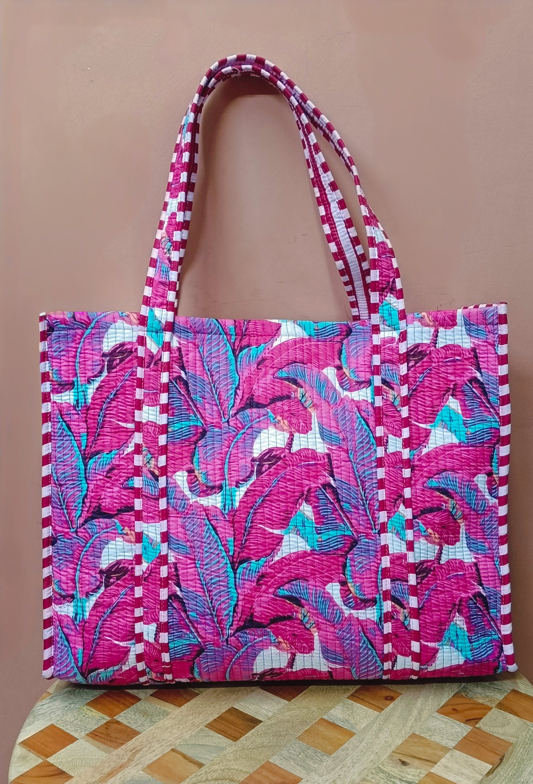 Handblock Printed Quilted Tote Bag without zip/button 17x18x 6 inches