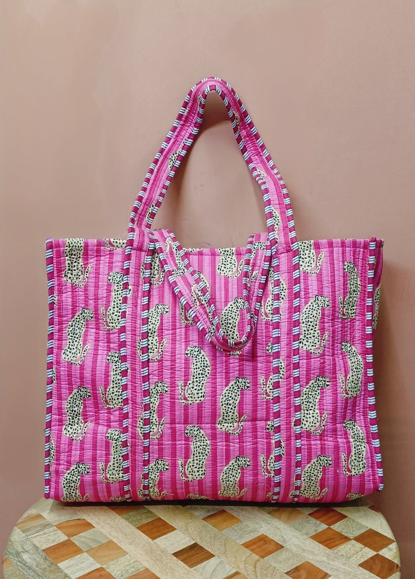 Handblock Printed Quilted Tote Bag without zip/button 17x18x 6 inches