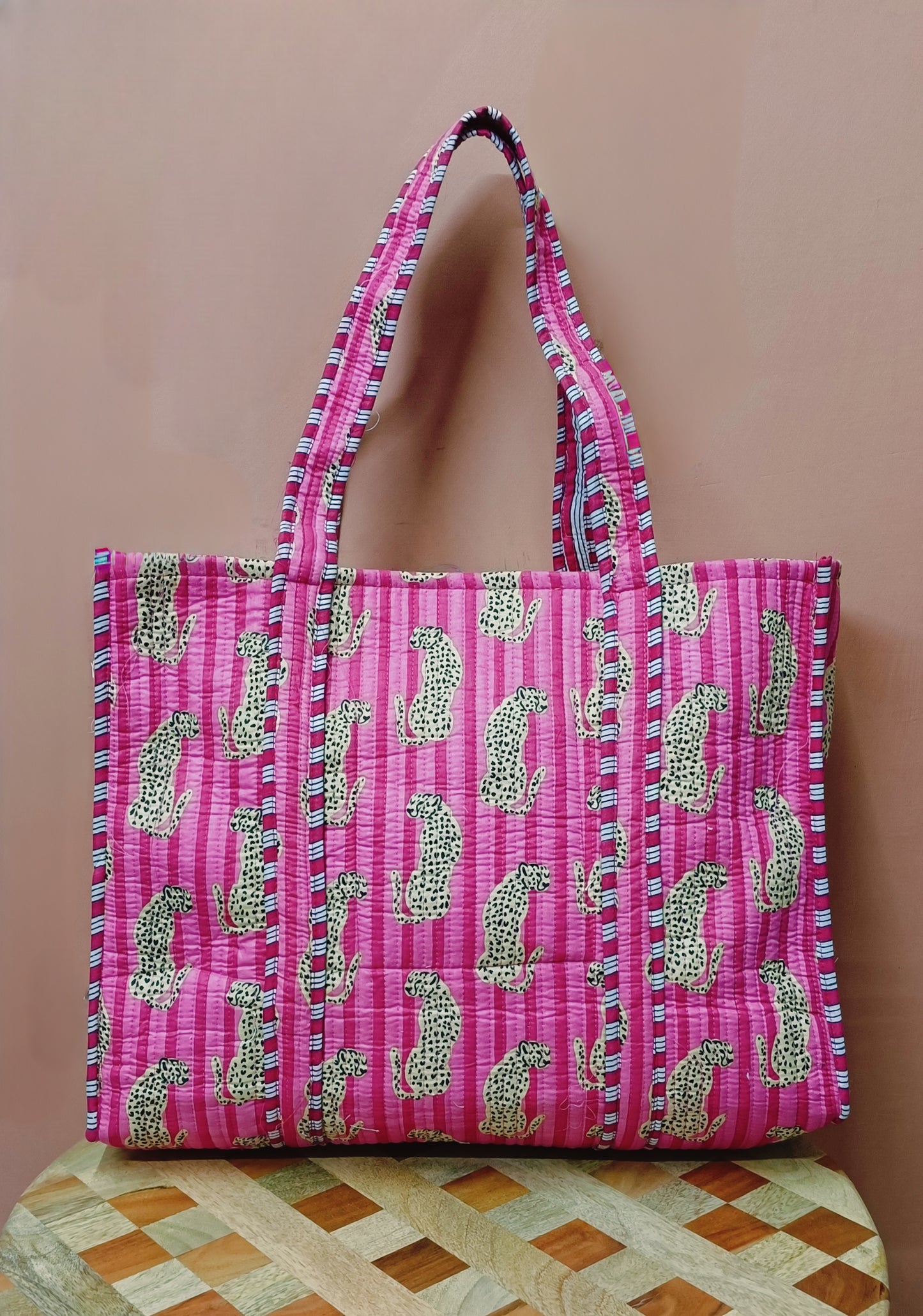 Handblock Printed Quilted Tote Bag without zip/button 17x18x 6 inches