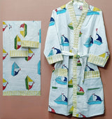 Handblock Printed Waffle Cotton Bathrobe Gift Box for Kids (4-13 Years) – Includes Bath Towel & 2 Hand Towels