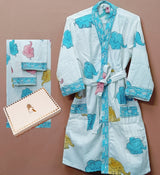 Handblock Printed Waffle Cotton Bathrobe Gift Box for Kids (4-13 Years) – Includes Bath Towel & 2 Hand Towels