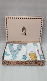 Handblock Printed Waffle Cotton Bathrobe Gift Box for Kids (4-13 Years) – Includes Bath Towel & 2 Hand Towels