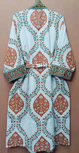 Waffle Cotton Handblock Printed Unisex Bathrobe - Free Size