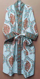 Waffle Cotton Handblock Printed Unisex Bathrobe - Free Size