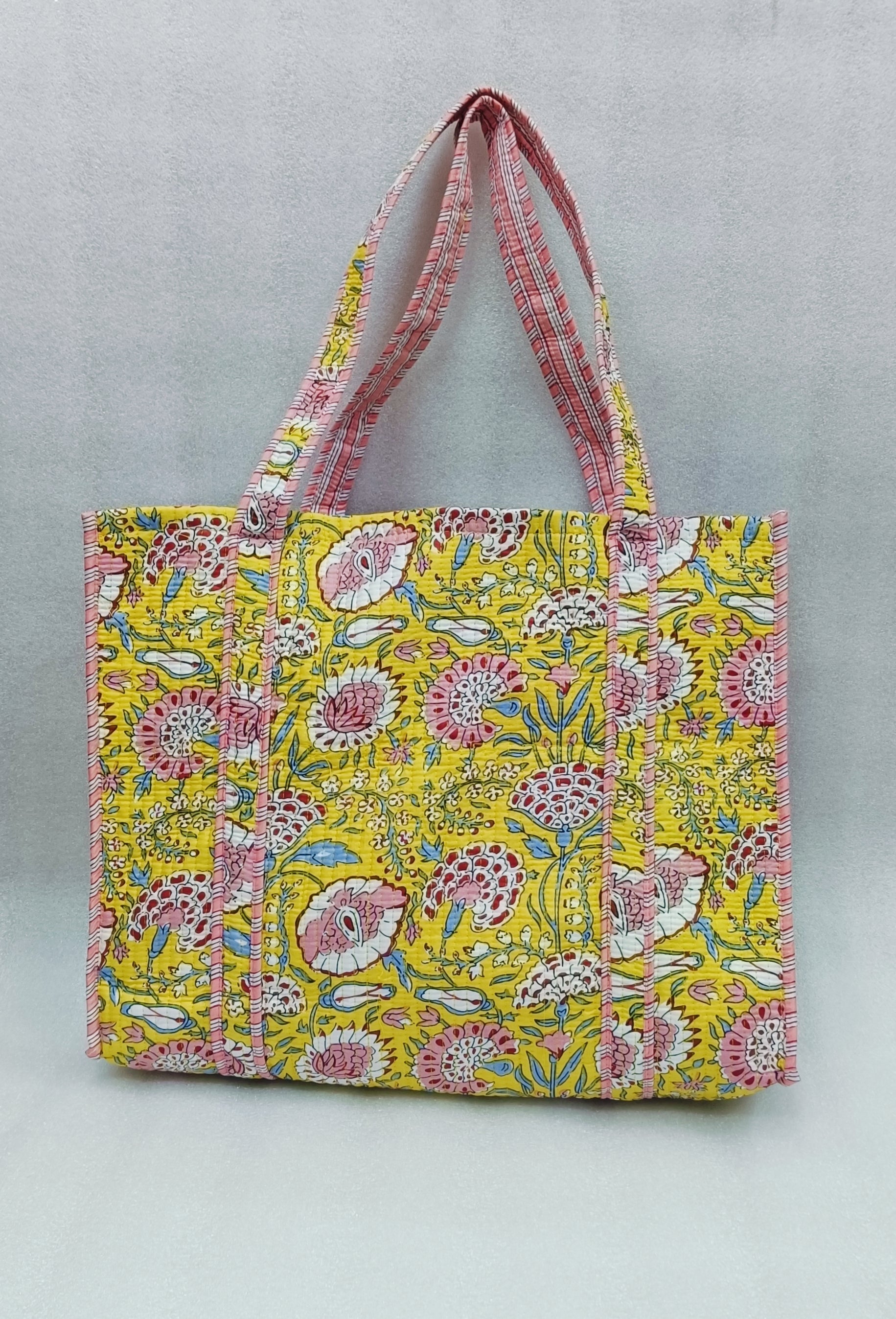Handblock Printed Quilted Tote Bag without zip/button 17x18x 6 inches