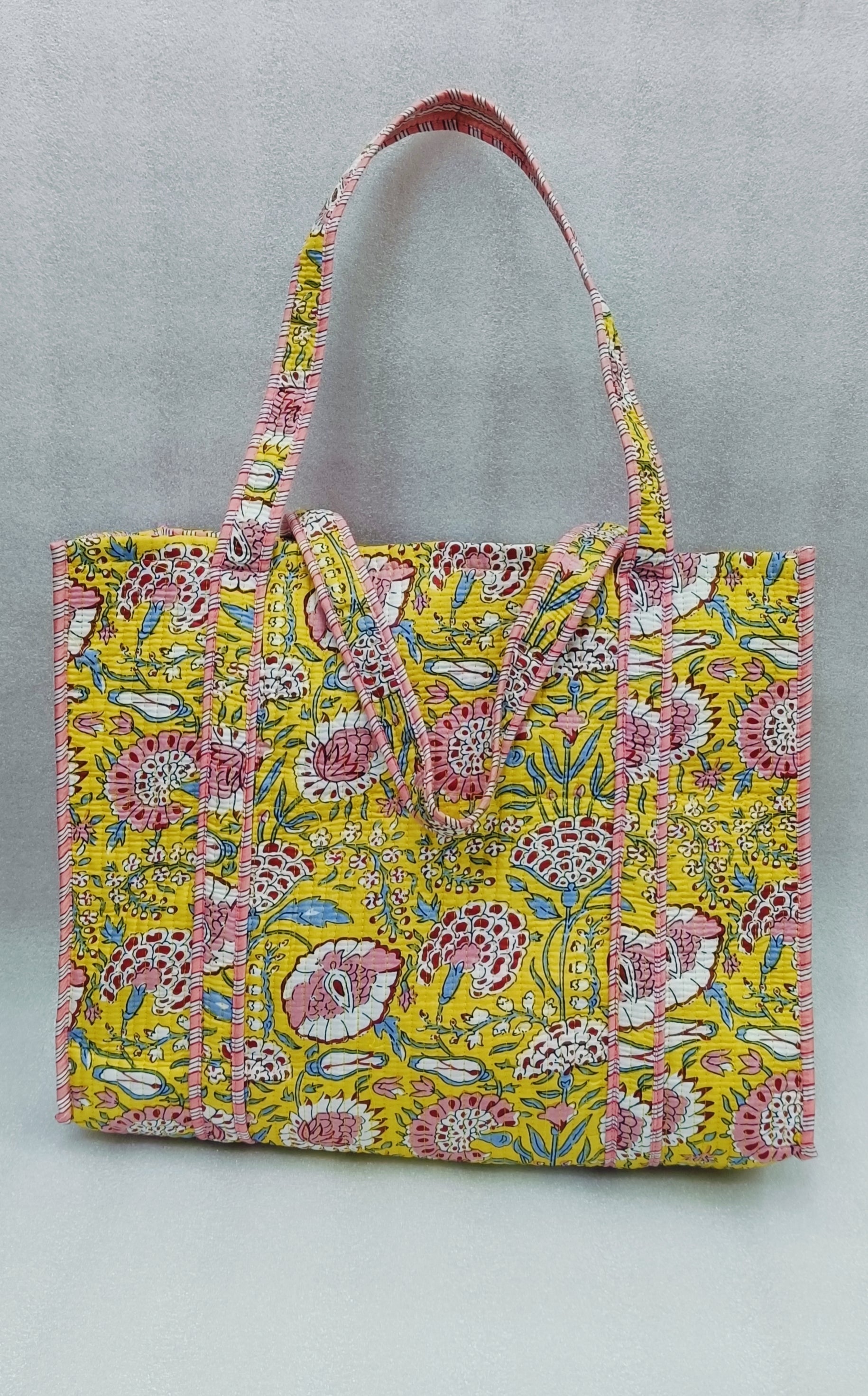Handblock Printed Quilted Tote Bag without zip/button 17x18x 6 inches