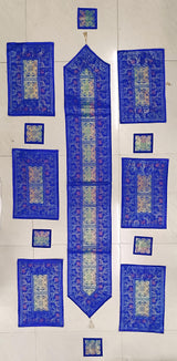 Diwali Gift Box with Banarasi Zari Table Runner, Set Of 6 Mats, 6 coaster & 2 laddoo candles