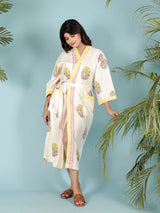 Waffle Cotton Handblock Printed Unisex Bathrobe - Free Size