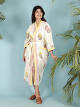 Waffle Cotton Handblock Printed Unisex Bathrobe - Free Size