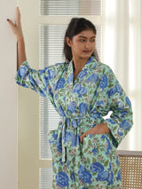Cotton Kimono Handblock Printed Unisex Bathrobe - Free Size