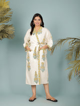 Waffle Cotton Handblock Printed Unisex Bathrobe - Free Size