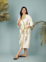 Waffle Cotton Handblock Printed Unisex Bathrobe - Free Size