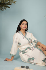 Waffle Cotton Handblock Printed Unisex Bathrobe - Free Size