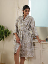 Waffle Cotton Handblock Printed Unisex Bathrobe - Free Size