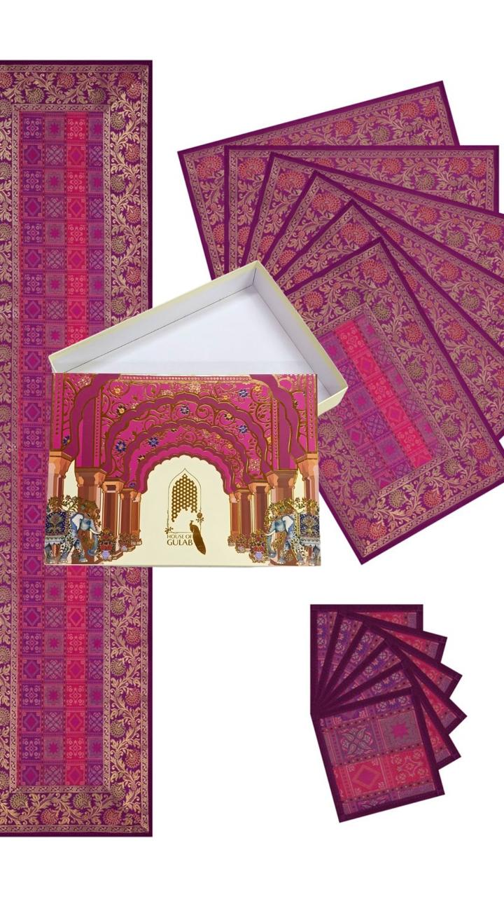 Gift Box with Banarasi Table Set with 1 Runner, 6 mats and 6 coasters