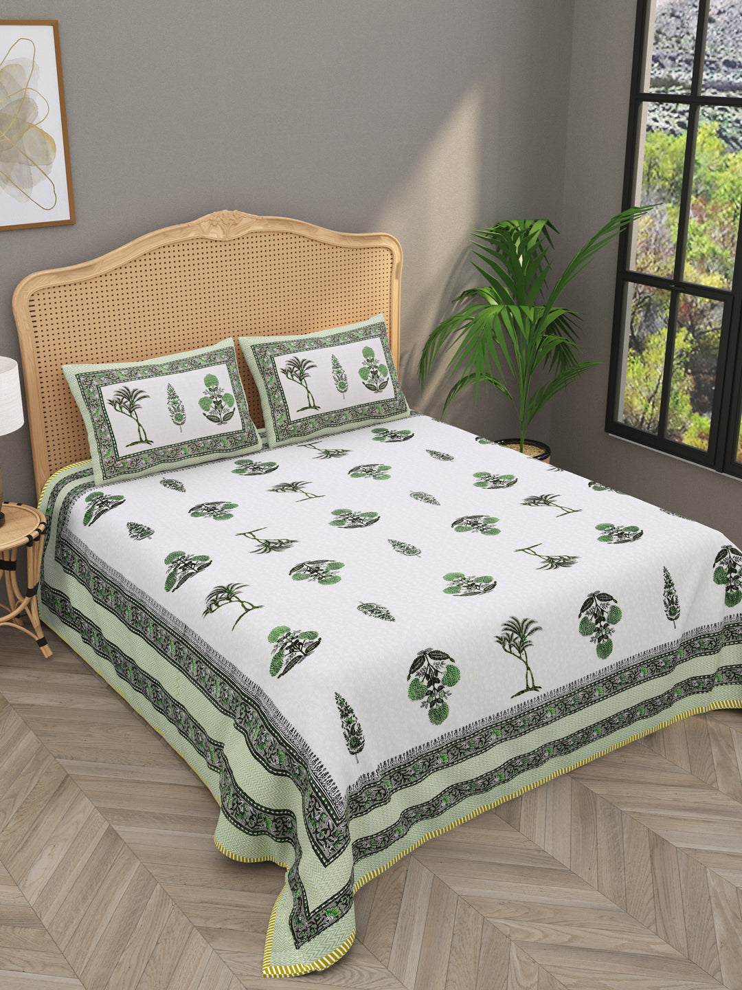 Quilted Floral Printed Reversible Bedcover with 2 Pillow Covers