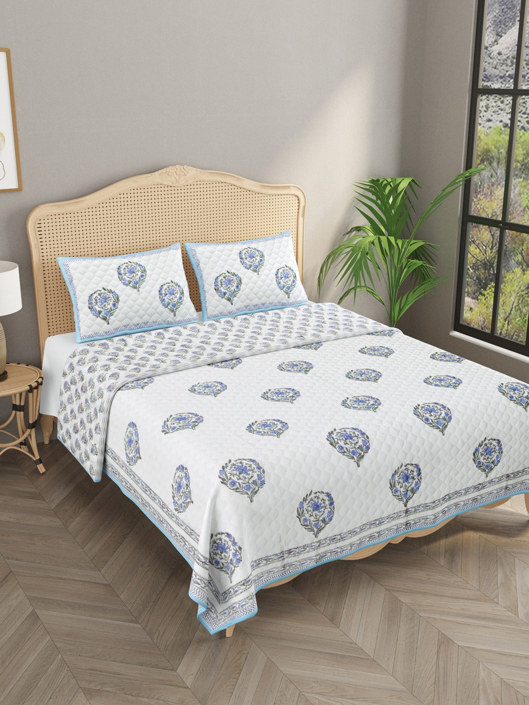 Handblock Printed Quilted Reversible Cotton Bedcover with 2 Pillow Covers