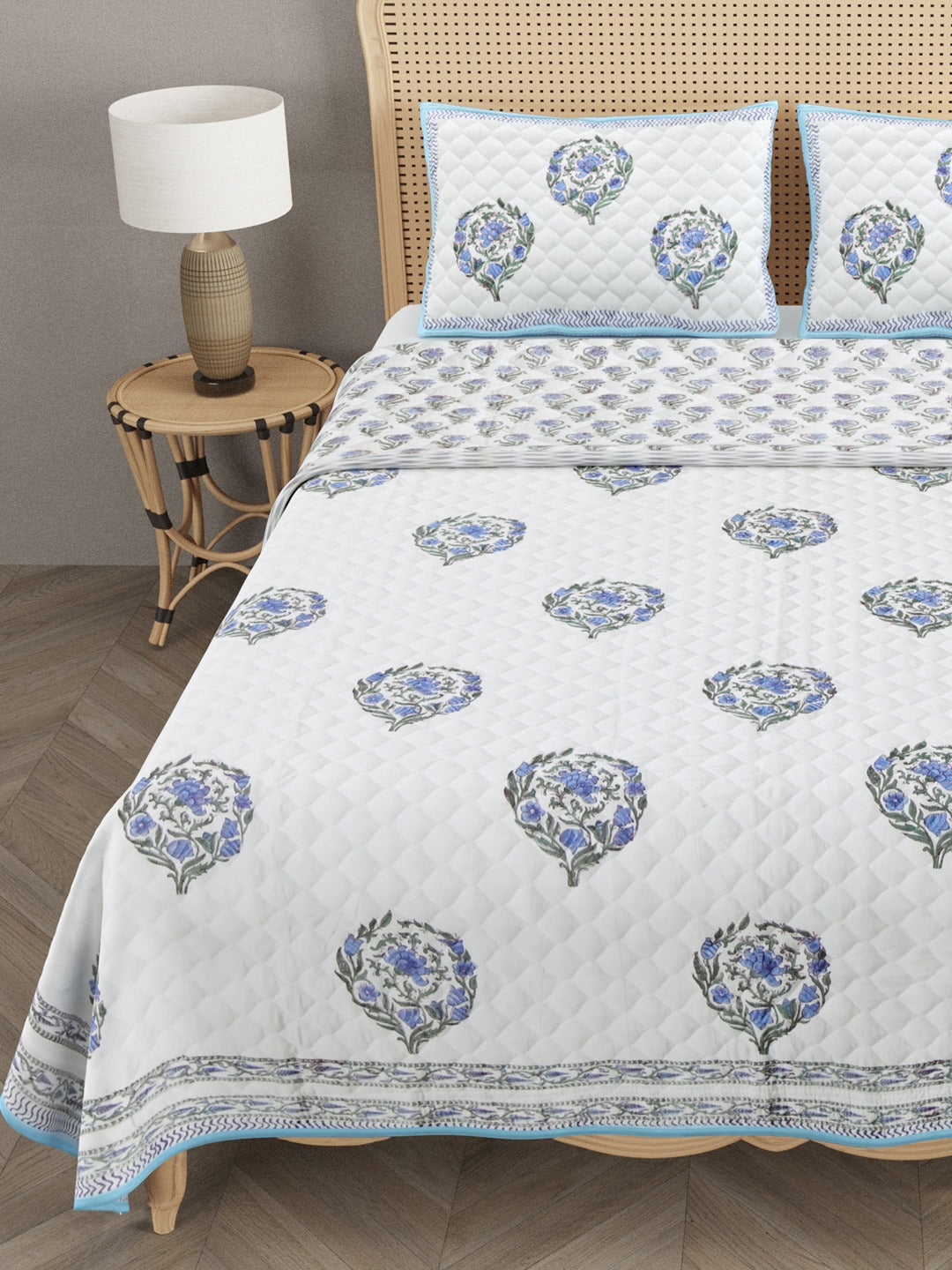 Handblock Printed Quilted Reversible Cotton Bedcover with 2 Pillow Covers