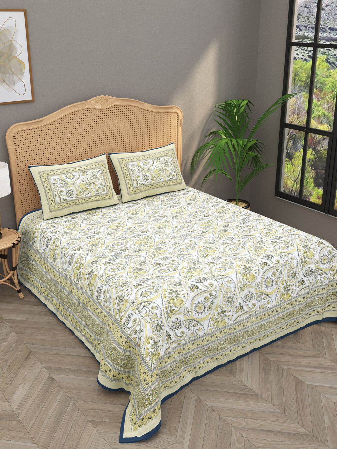 Quilted Floral Printed Reversible Bedcover with 2 Pillow Covers