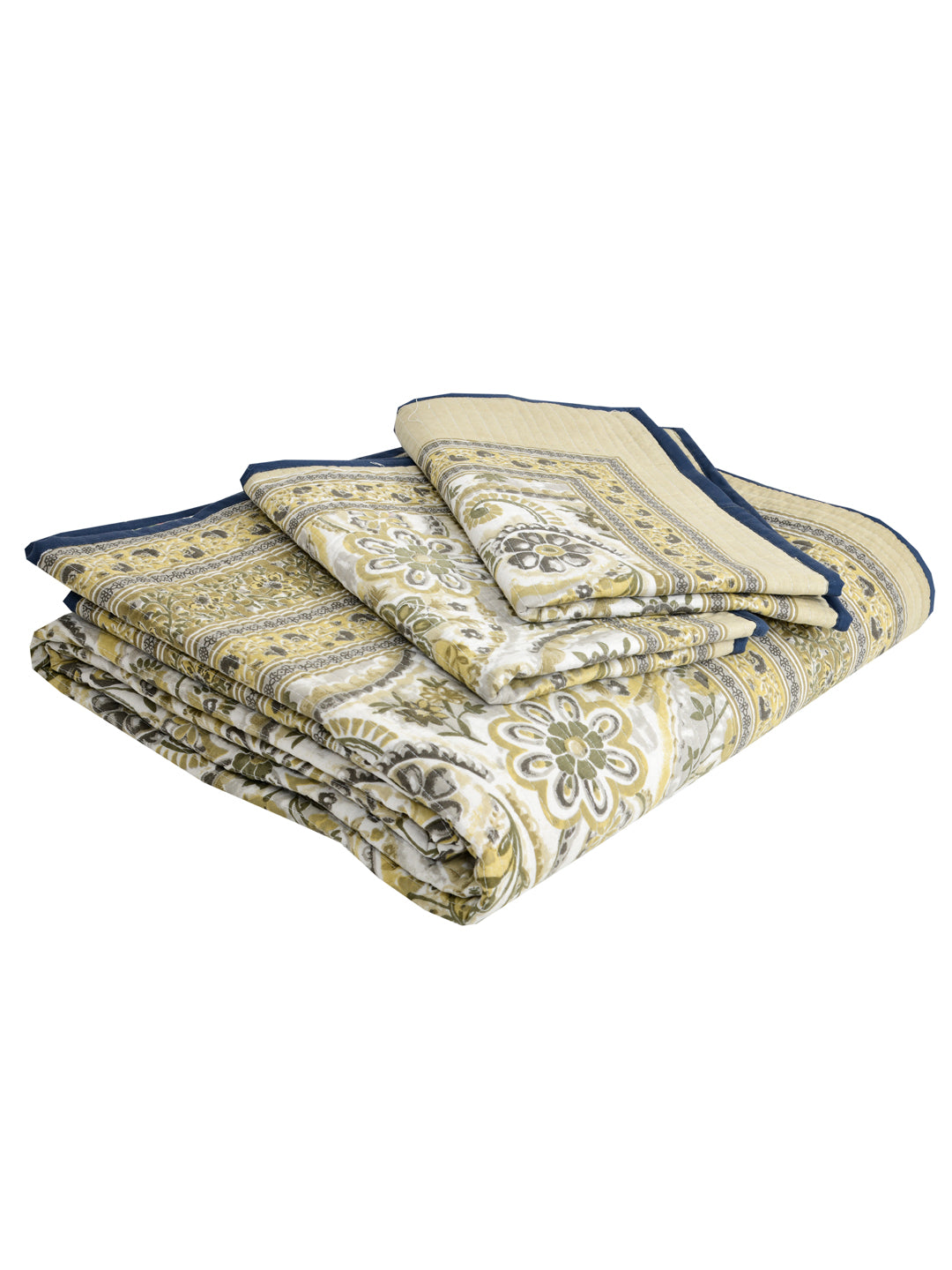 Quilted Floral Printed Reversible Bedcover with 2 Pillow Covers