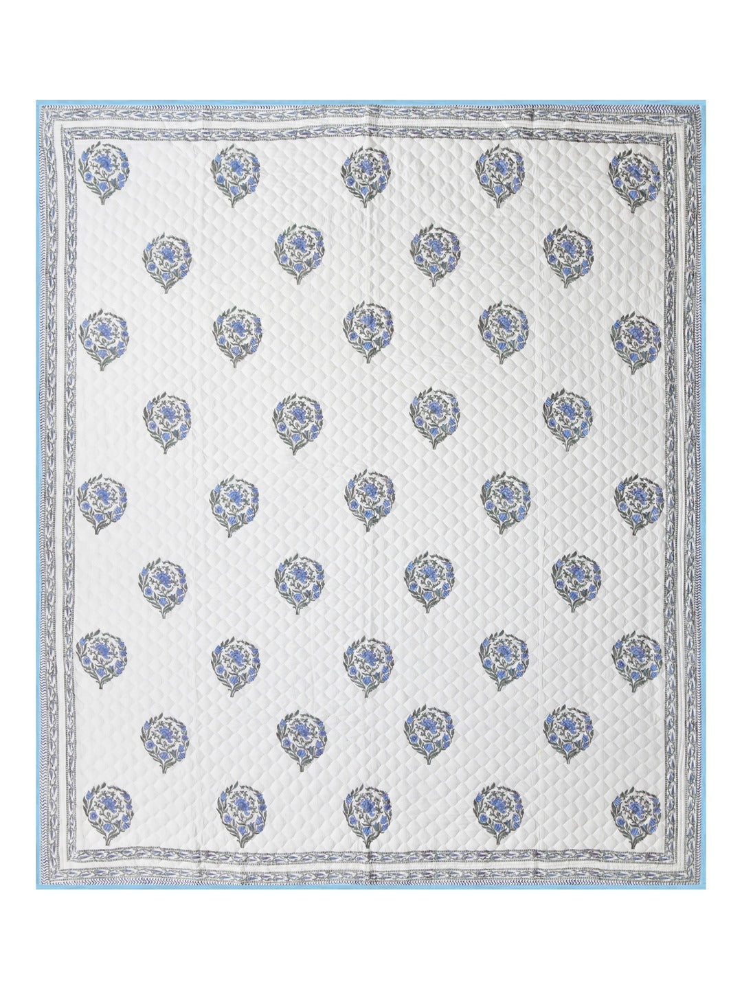 Handblock Printed Quilted Reversible Cotton Bedcover with 2 Pillow Covers