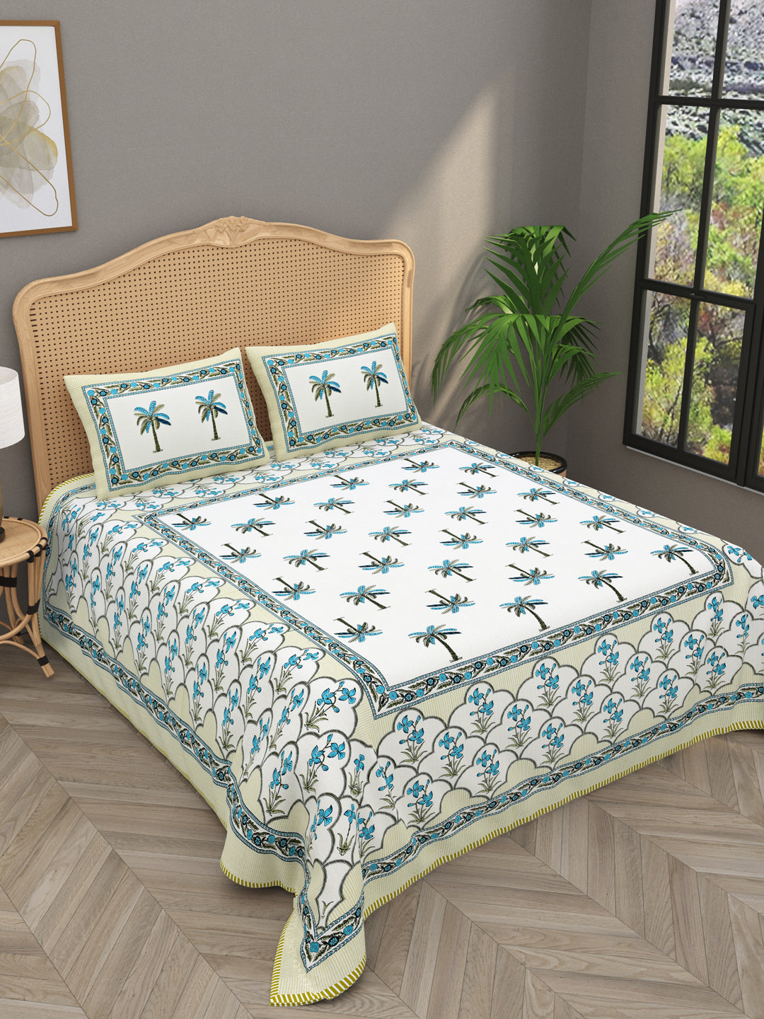 Quilted Floral Printed Reversible Bedcover with 2 Pillow Covers