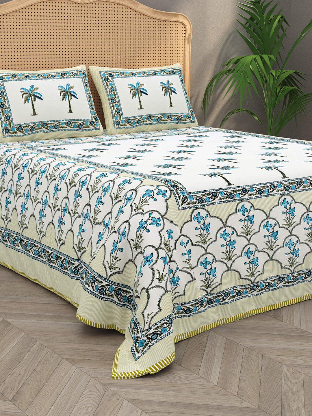 Quilted Floral Printed Reversible Bedcover with 2 Pillow Covers