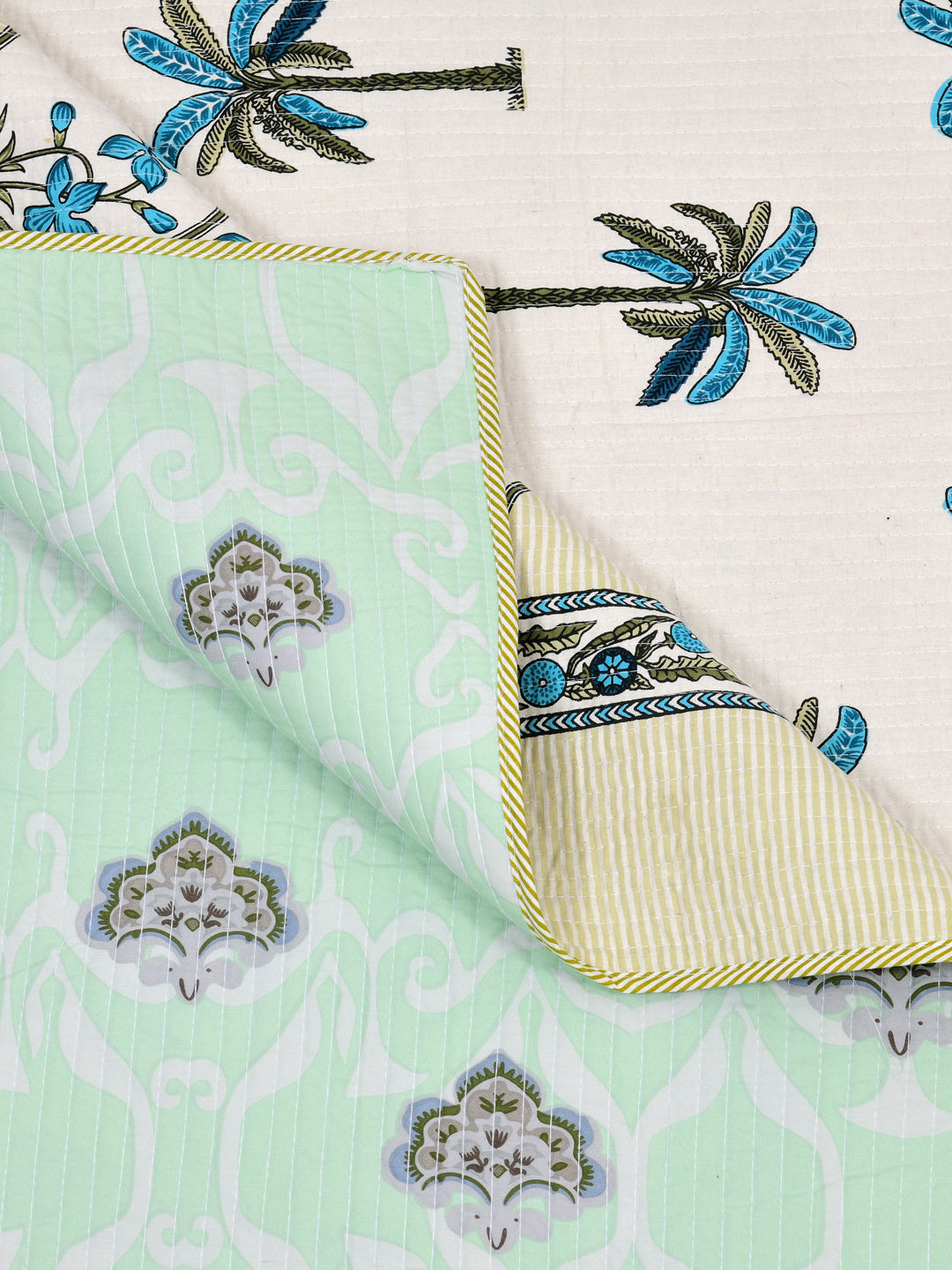 Quilted Floral Printed Reversible Bedcover with 2 Pillow Covers