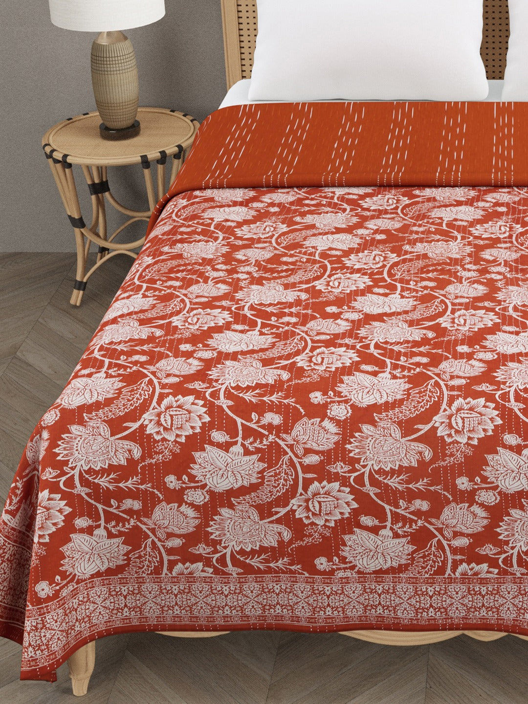 Handblock printed Kantha Bedcover