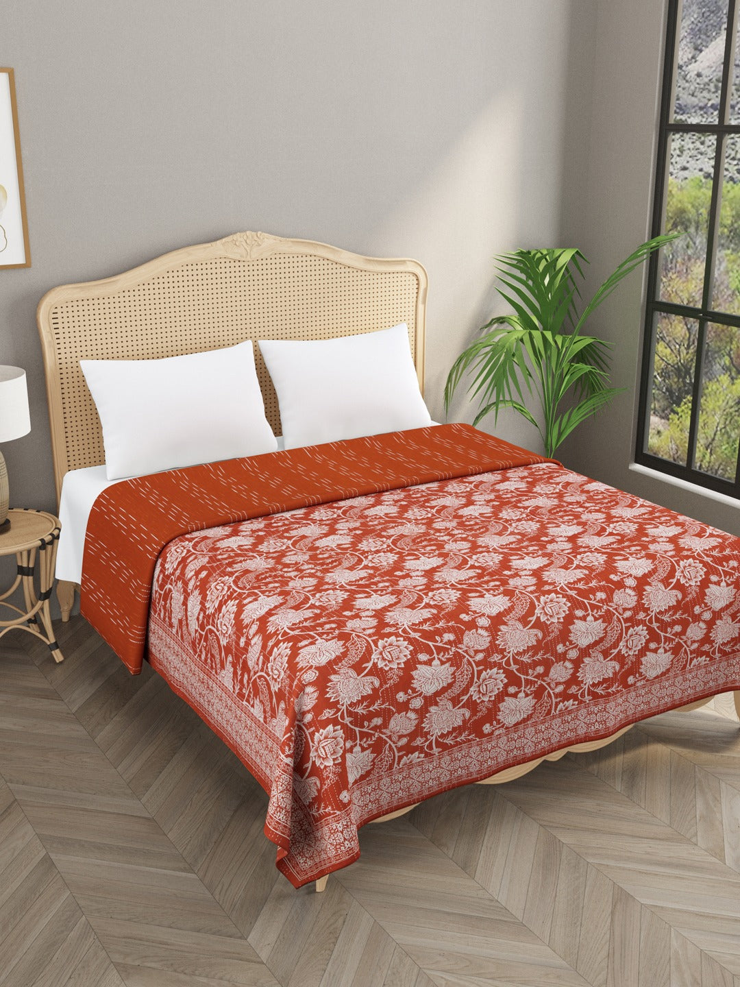 Handblock printed Kantha Bedcover