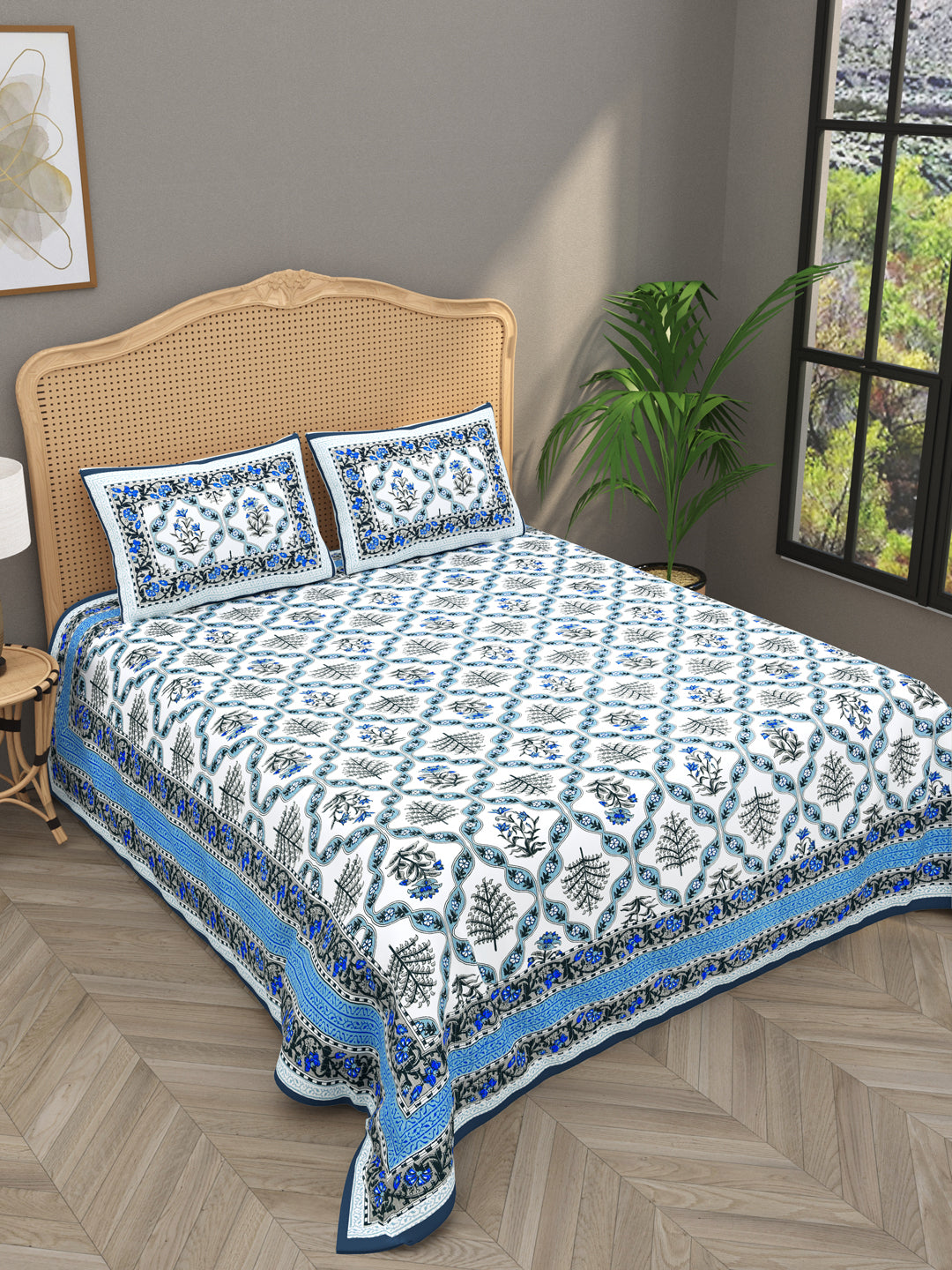 Quilted Floral Printed Reversible Bedcover with 2 Pillow Covers