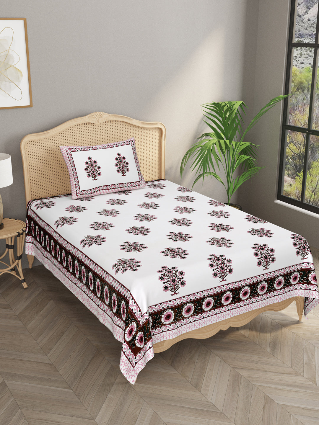 Cotton Floral Print Single bedsheet with 1 Pillow Cover