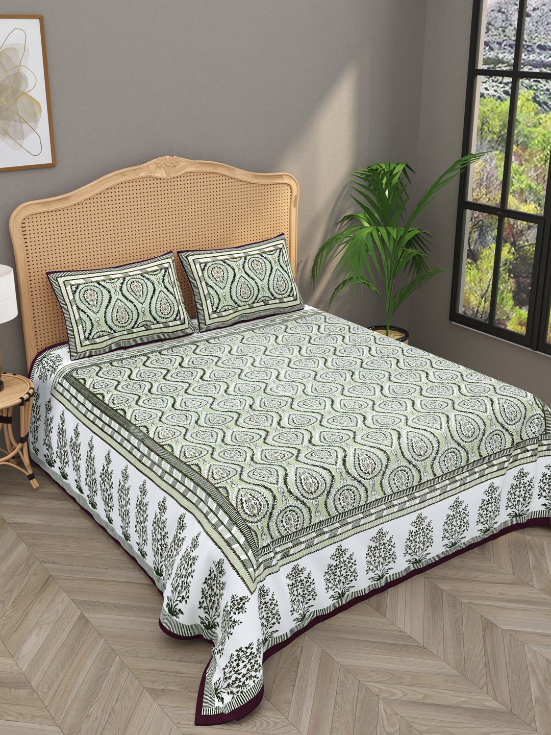 Quilted Floral Printed Reversible Bedcover with 2 Pillow Covers