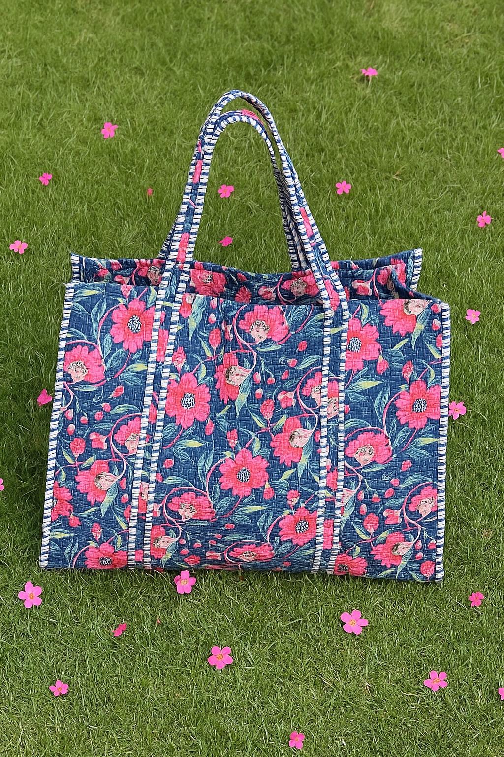 Handblock Printed Quilted Tote Bag without zip/button 17x18x 6 inches